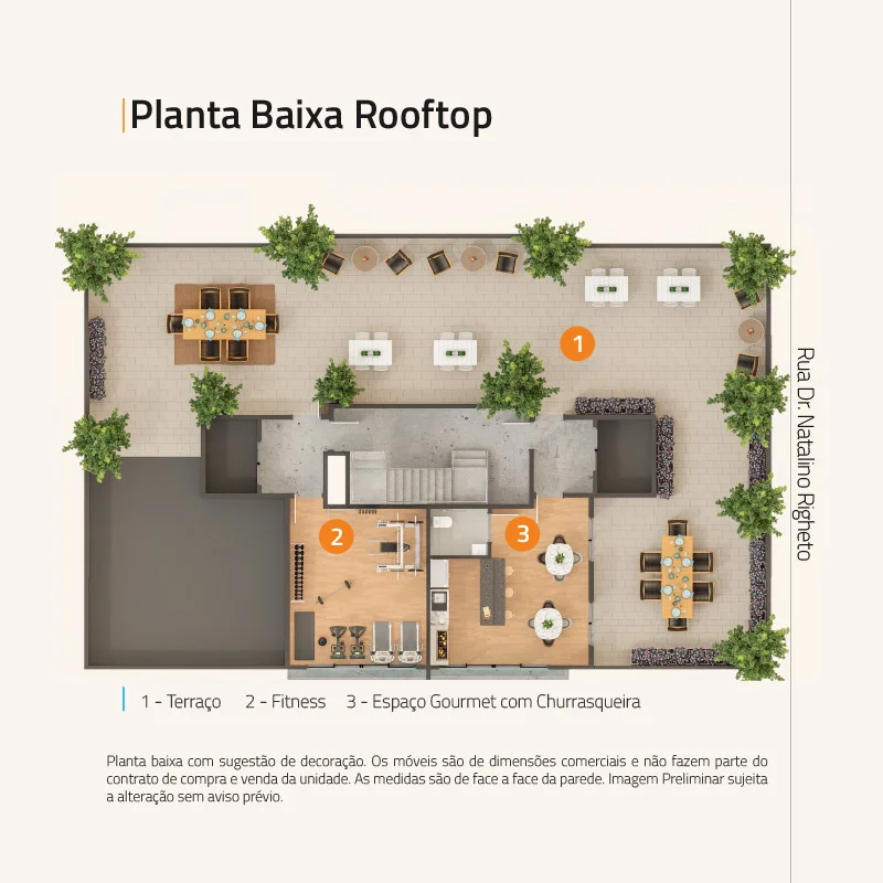 Planta baixa do rooftop — terraço, academia e espaço gourmet
