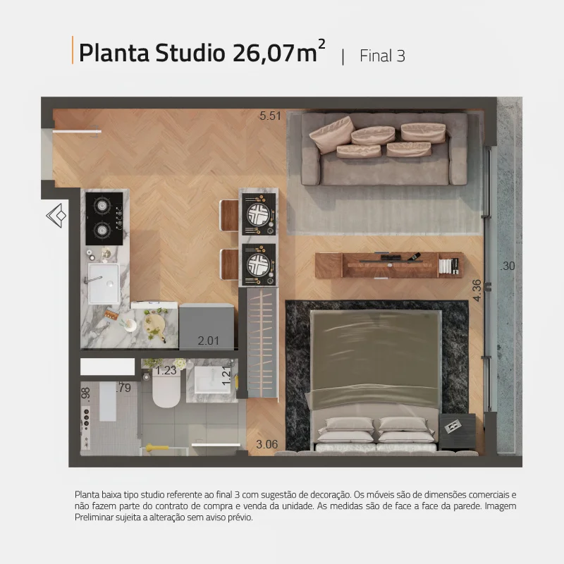 Planta baixa do Studio Mobilité Righeto — 26m², 1 quarto, 1 banheiro