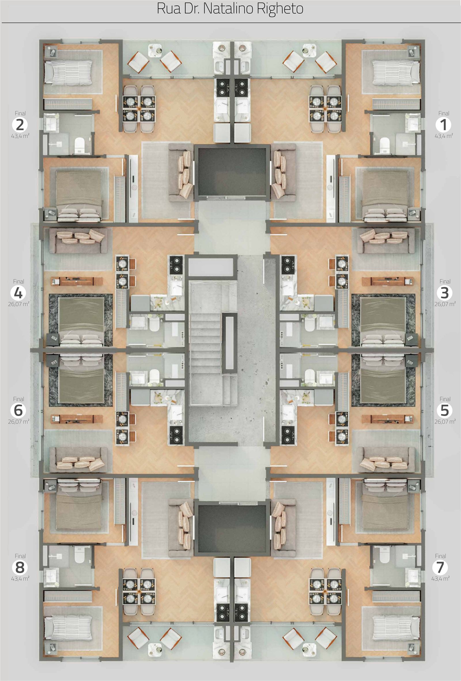 Planta baixa do andar tipo — posição do studio (finais 3, 4, 5 e 6) entre as unidades de 43,4m²